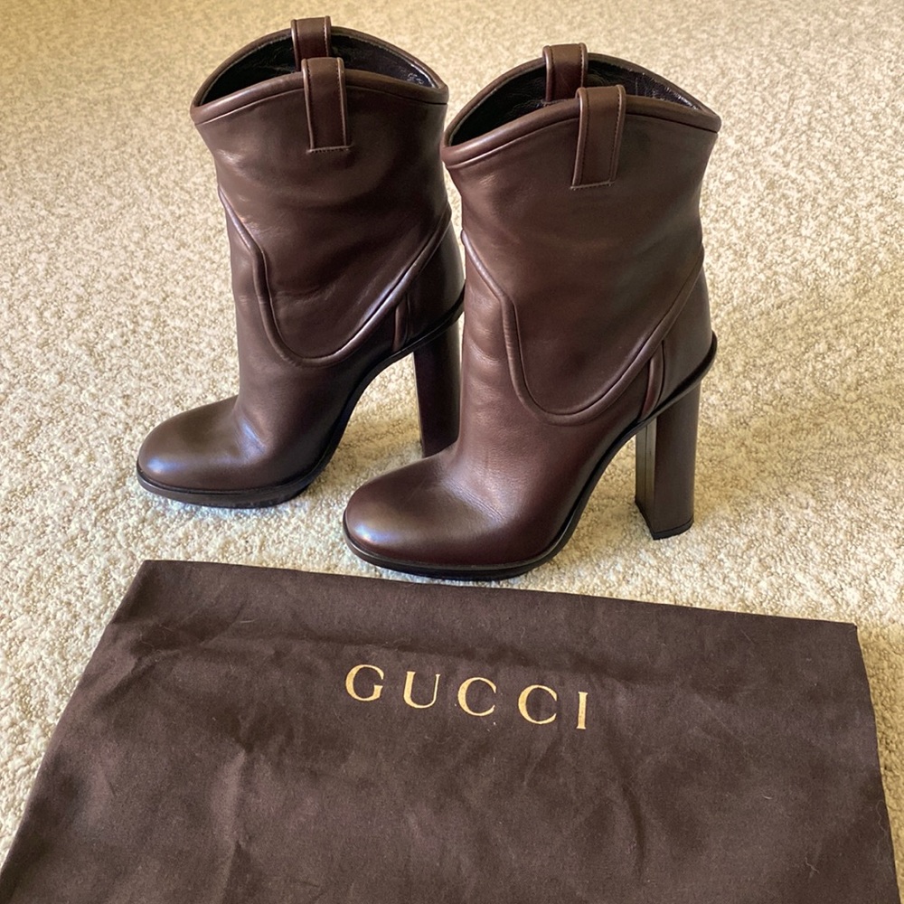 Gucci Lifford Cocoa dark brown leather boots 37.5 7 7.5 GG